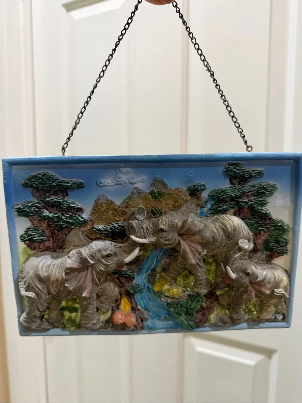 Elephant Family Wall Plaque in Blue Frame